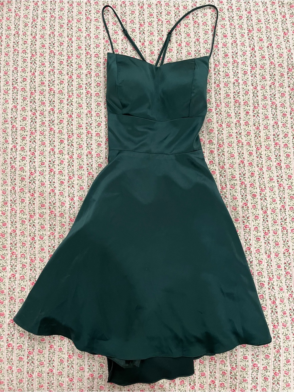 Women's Dark Green Satin A-Line Spaghetti Strap Dress